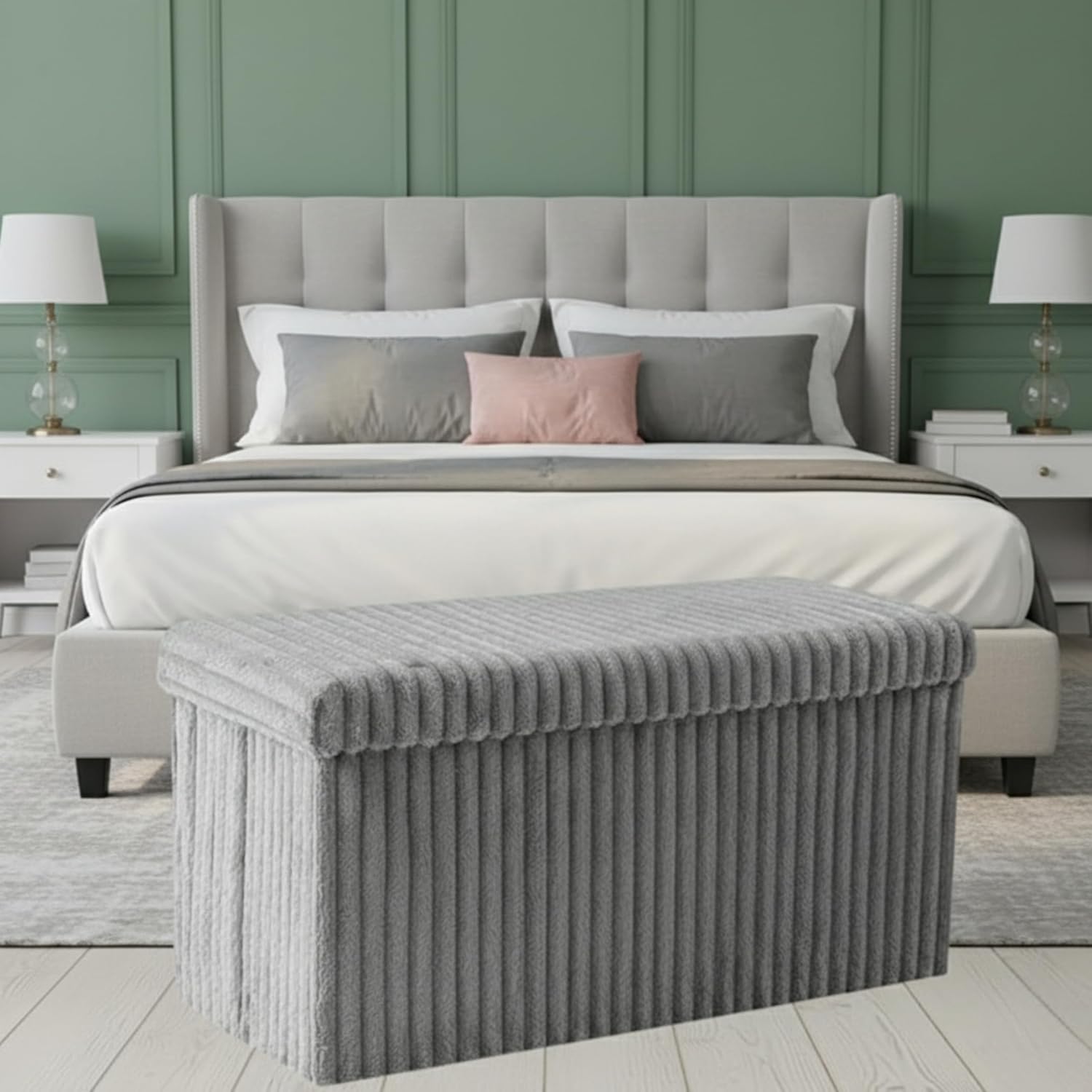 Foldable Ribbed Storage Bench – Soft Fabric Ottoman for Bedroom, Living Room & Entryway (Silver, Medium)