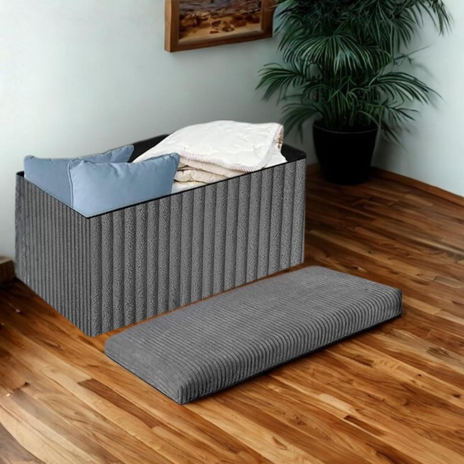 Foldable Ribbed Storage Bench – Soft Fabric Ottoman for Bedroom, Living Room & Entryway (Silver, Medium) - Image 3